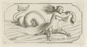 Kvinnefigur blåser på et skjell Nouveau Livre des Dieux et Deeßes De la Marine Bouckje of Sea Gods and Goddesses (serietittel)