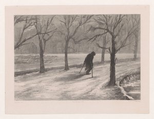 Mann på krykker i et vinterlandskap Vinter også i livet (original tittel) av Hendrik Adriaan Christiaan Dekker