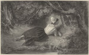 Jente som ligger under trær ved et vann av Hendrik Adriaan Christiaan Dekker