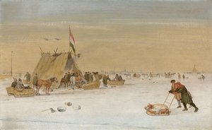 Et vinterlandskap med figurer på isen ved et koek-en-zopie-telt