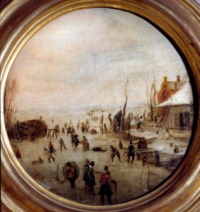Vinterlandskap med skøyteløpere og hockeyspillere Maleri av Hendrick Avercamp (1585-1634) Diameter 25 cm Musei di Strada Nuova (ex Palazzo Rosso) Genes Italy