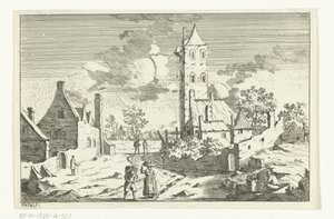 Landsbyutsikt med hus og tårn på en sandvei med figurer av Hendrik Berg