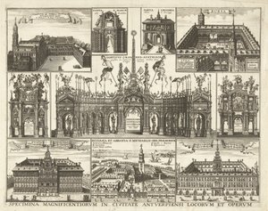 Blad met tien voorsetningen van de intocht van de Kardinaal Infant Ferdinand te Antwerpen, 1635 Eksemplarer av de mest praktfulle stedene og verkene i byen Antwerpen (tittel på objekt)