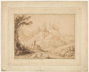 Fjelllandskap med figurer på en vei nær et vertshus av Hendrick Cornelisz. Vroom
