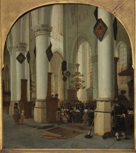 Utsikt inne i Saint Bavo-kirken i Haarlem under messen, 1666