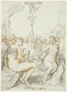 Allegori om kunsten å tegne med kunstnerens emblem, 1612 (blekk, kritt og gouache på papir) av Hendrik Goltzius