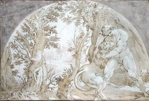 Hercules og Nemean Lion av Hendrik Goltzius