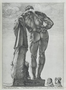 Sett bakfra av Farnese Hercules (kobbergravering) av Hendrik Goltzius