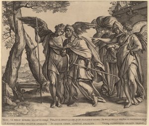 Lot og hans døtre forlater Sodoma av Hendrik Goltzius after Anthonie van Blocklandt