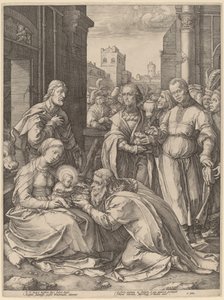 Tilbedelsen av magiene av Hendrik Goltzius in the style of Lucas van Leyden