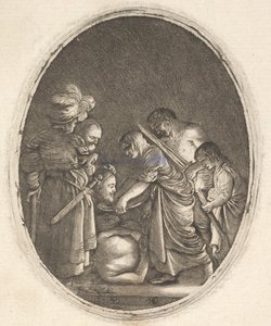 Salome mottar hodet til døperen Johannes, omgitt av tre menn og et barn ..., ca. 1610.