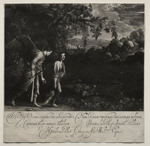 Tobias og engelen stor tallerken. av Hendrik Goudt