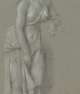 Figurstudie av en kvinne i klassisk kappe, stående tre fjerdedeler til høyre