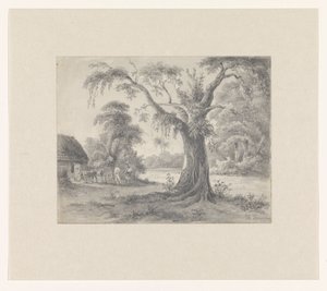 Landskap med tre og hytte med hest og vogn og to figurer av Hendrik Huygens (signed by artist)