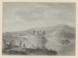 Utsikt over en elv med noen hus, muligens Berg en Dal