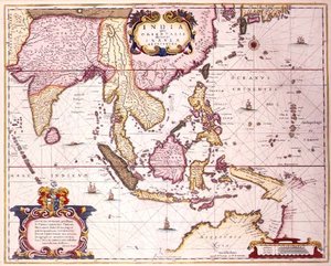 Generelt kart som strekker seg fra India til Sør-Japan og Nord-Australia gjennom den indonesiske skjærgården og Filippinene, ca. 1700 (farget gravering)