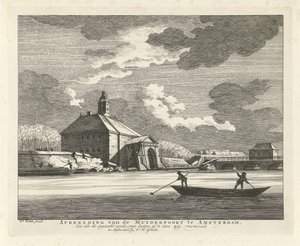 Sagging Muiderpoort, sett fra Singelgracht, 1769 Bilde av Muyderpoort i Amsterdam, Zoo som den kollapsede synden, kan sees fra utsiden, sikksakk (tittel på objekt) av Hendrik Keun