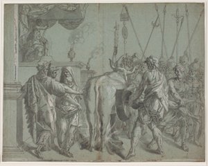 Tyrannen Phalarus av Agrigento omslutter billedhuggeren Parillus i sin glødende bronseokse av Hendrik Krock