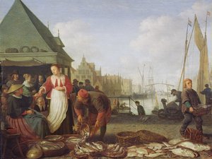Rotterdam fiskemarked (olje på eikepanel)