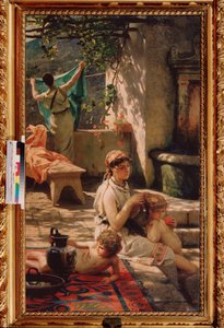 Ved brønnen. (En kvinne tar håret til barnet sitt, en annen henger ut klesvasken). Maleri av Henryk Siemiradzki (1843-1902), olje på lerret av Henryk Siemiradzki