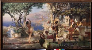 Sabeldans. (En naken kvinne danser mellom sverd balansert på terrassen til en italiensk villa, til lyden av en lyre og en fløyte). Maleri av Henryk Siemiradzki (1843-1902), olje på lerret
