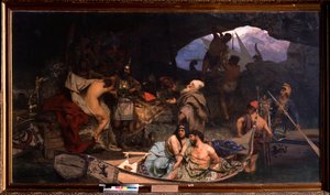 Korsarene. (Scene der de bringer tilbake tyvegodset og fangene (gisler) i en hule). Maleri av Henryk Siemiradzki (1843-1902), olje på lerret av Henryk Siemiradzki