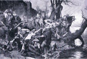 Warriors of Sviatoslav ved massakren under veggene til Dexter (Durostorum), illustrasjon fra Landmarks in European History utgitt av Gresham Publishing Co, ca. 1920 (litho) av Henryk Siemiradzki