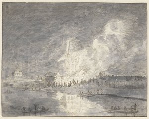 Brann i en mølle på Muiderdijk, ca. 1710