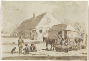 Skøyteløpere og slede på en gård av Hendrik Spilman