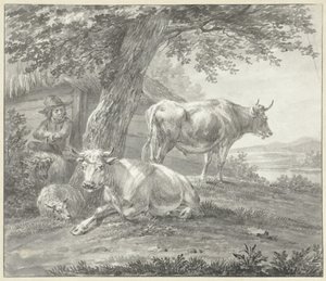 To kyr og to sauer under et tre nær en låve av Hendrik Stokvisch