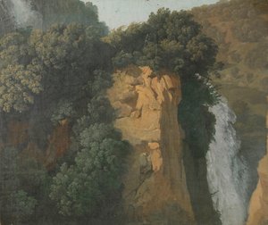 Gjengrodde klipper med en foss i Italia, kanskje ved Tivoli av Hendrik Voogd (attributed to)