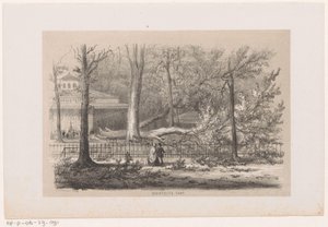 Tre blåst ned ved klubben, etter stormen 28. mai 1860 Sosialtelt (tittel på objekt) Album med ti litografiske skisser, som viser Tooneelen of the Destruction, agitert av stormen 28. mai 1860 i 