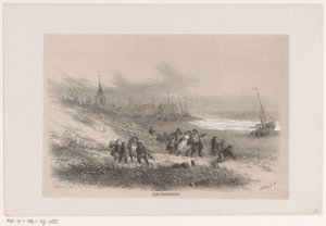 Scheveningen under stormen 28. mai 1860 Scheveningen (tittel på objekt) Album med ti litografiske skisser, som viser Tooneelen of the Destruction, agitert av stormen 28. mai 1860 i 