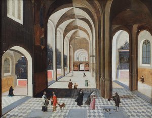 Et kirkeinteriør med figurer, inkludert en mann i rødt som snakker med en geistlig (olje på lerret) av Hendrik the Younger (follower of) Steenwyck