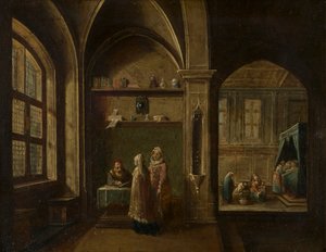 Et renessanseinteriør med figurer: The Birth of St John, ca. 1600-49 (olje på kobber)