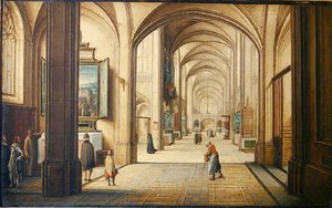 Kirkeinteriør med en sakristan som viser et maleri til besøkende, 1608 (olje på kort)