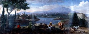 Italiensk landskap, med kuherder som hviler av Hendrik van (studio of) Lint