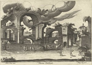 Ruiner av Diocletians bad fra siden med to menn som spiller krokket i forgrunnen, 1585. av Hendrik van Cleve III