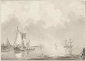 Utsikt over kysten med skip i stille vann av Hendrik van den Helm