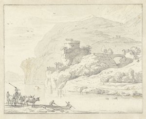 Italiensk fjelllandskap med gjetere og storfe, og to figurer i en båt som krysser elven av Hendrik van der Straaten (attributed to)