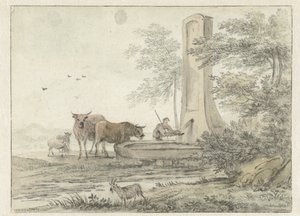 Italiensk landskap med gjeter og hans storfe og sauer ved en fontene
