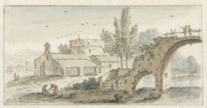 Italiensk landskap med en steinbro