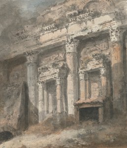 Fasade av ødelagt (?) romersk tempel, med søyler og døråpning