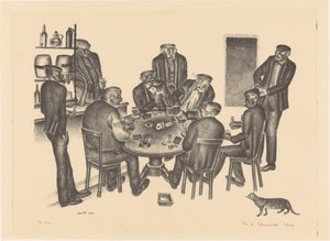 Menn spiller kort i en bar av Henk Henriët (signed by artist)