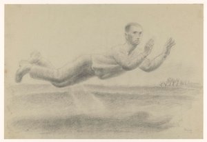 Selvportrett med løftede hender svevende i et landskap av Henk Henriët (signed by artist)