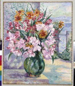 Vase med blomster på terrassen foran havet 1941 (maleri) av Henri Charles Manguin