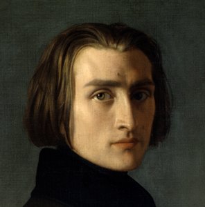 Portrett av Franz Liszt (1811-1886), ungarsk komponist og pianist (1839). Detalj av ansiktet. Maleri av Henri Lehmann (Karl Ernest (Ernst) Rudolf Heinrich Salem dit) (1814-1882). Paris, Musee Carnavalet.