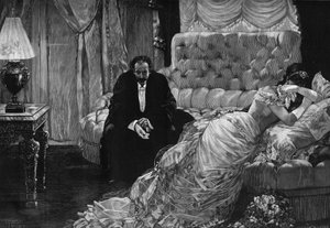 Tilbake fra skoleballet: en sjalusiscene mellom en kvinne i tårer og en mann i klær som nervøst tar av seg hanskene. Gravering etter maleriet av Henri Gervex (1852-1929). I "" Le Monde Illusre"" nr. 1889 av 10. januar av Henri (after) Gervex