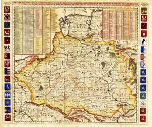 Kart over Polen inkluderer deler av Livonia og Storhertugdømmet Moskva par Chatelain, Henri Abraham (1684-1743). Etsning, akvarell av Henri Abraham Chatelain