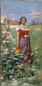 Camargaise en kanne Ung kvinne kledd med en sigøyner på et felt. Maleri av Adrien Henri Tanoux (1865-1923) 20. århundre Obligatorisk omtale: Collection fondation regards de Provence, Marseille av Henri Adrien Tanoux